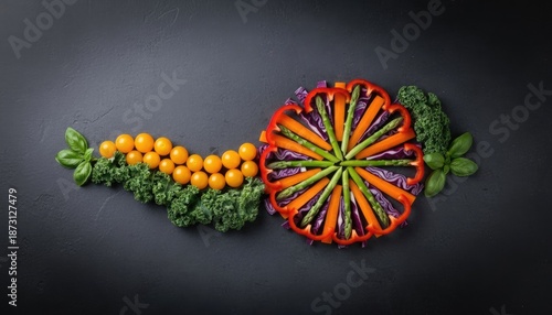 Artistic Arrangement of Fresh Vegetables and Herbs on Dark Textured Surface With Vibrant Colors and Natural Lighting