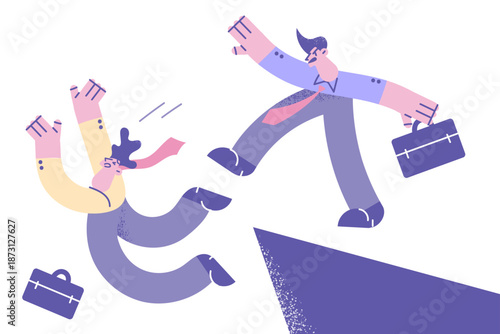 Angry businessman punch colleague off cliff