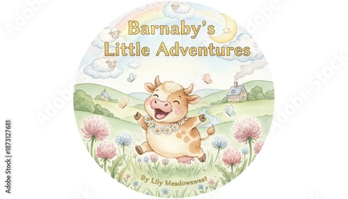 Barnaby's Little Adventures cute cow character in a pastel landscape with rolling hills and fluffy clouds