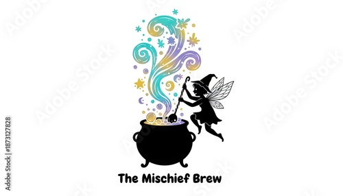 Black Silhouette of a Fairy Stirring a Cauldron Releasing Colorful Swirls of Magic with Stars and Sparkles and Text The Mischief Brew Below on White Background