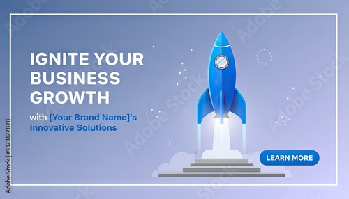 Blue Rocket Launching Into The Sky Representing Business Growth And Innovation With Digital Clouds And Stars In The Background