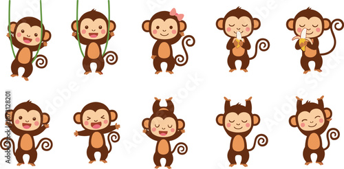 Cute cartoon monkey character set with playful expressions and actions, adorable jungle animal vector illustration collection