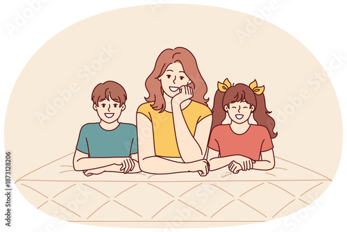 Mother and children lie on mattress recommending use of high-quality and comfortable furniture for bedroom and sleep. Happy woman together with kids with mattress for healthy rest after hard day