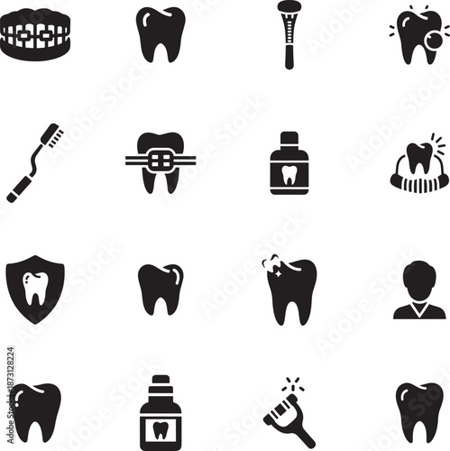 Dental Care and Hygiene Silhouette icon collection. Includes Silhouette symbols tooth, brush, dentist, clean, smile and more. Isolated icons. Dental Care icon set. Minimalist icons pack.