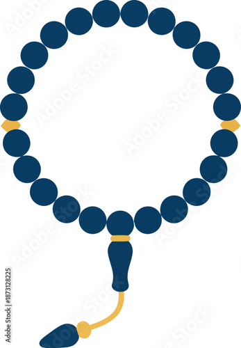 A blue prayer rosary with yellow accents is depicted in a circular formation on a white background.