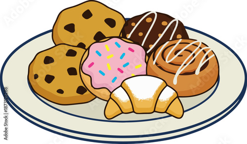 Assorted pastries and cookies on a plate in a bakery setting