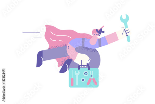 Motivated mechanic as superhero fly to customer