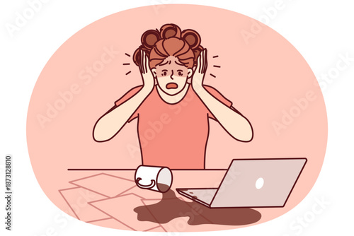 Clumsy businesswoman spilled coffee on laptop and documents due to tiredness or chaos on desktop. Woman freelancer screaming spilling coffee on computer and important unrecoverable papers