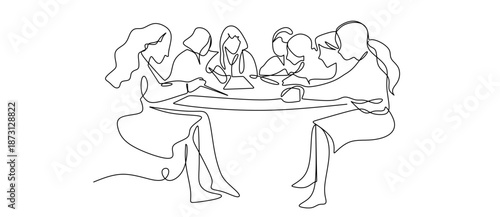 Business meeting discussion among colleagues in a simple line drawing