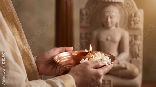 Hands offering brass plate with lit oil lamp and white flowers to Mahavira statue. Traditional Jain puja ritual for Mahavir Jayanti festival. Devotee worship and spiritual devotion in temple interior