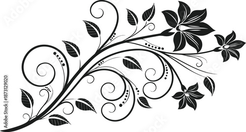 Ornamental design elements - a collection of ornate black and white floral vector elements. Each design should feature intricate swirls, curls, and botanical motifs such as leaves, vines, petals.