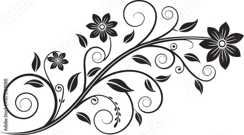 Ornamental design elements - a collection of ornate black and white floral vector elements. Each design should feature intricate swirls, curls, and botanical motifs such as leaves, vines, petals.