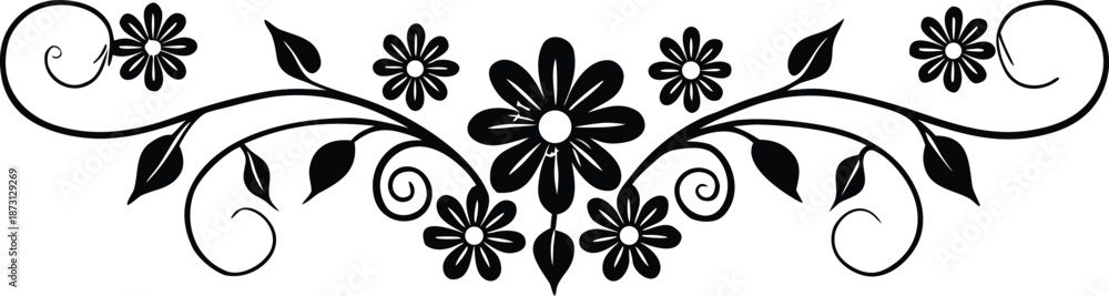 Fototapeta premium Ornamental design elements - a collection of ornate black and white floral vector elements. Each design should feature intricate swirls, curls, and botanical motifs such as leaves, vines, petals.
