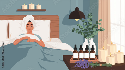 Relaxing spa vector illustration of a woman enjoying a peaceful moment in bed with candles and aromatherapy elements