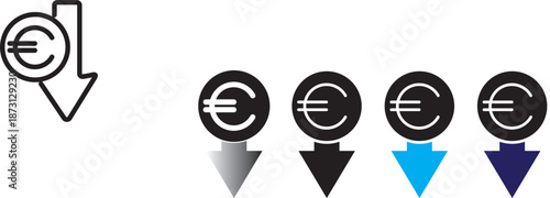 Cost reduction. Euro decrease flat vector icon. Euro decrease flat vector icons set

