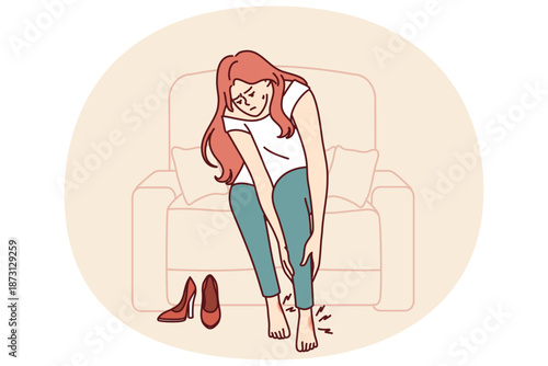 Woman suffers from pain in legs or varicose veins due to use of uncomfortable shoes with high heels. Girl with callus on feet is in pain after wearing shoes for long time at work or party