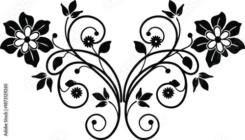 Ornamental design elements - a collection of ornate black and white floral vector elements. Each design should feature intricate swirls, curls, and botanical motifs such as leaves, vines, petals.