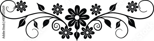 Ornamental design elements - a collection of ornate black and white floral vector elements. Each design should feature intricate swirls, curls, and botanical motifs such as leaves, vines, petals.