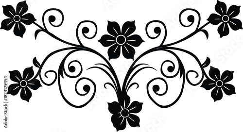 Ornamental design elements - a collection of ornate black and white floral vector elements. Each design should feature intricate swirls, curls, and botanical motifs such as leaves, vines, petals.