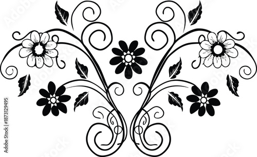 Ornamental design elements - a collection of ornate black and white floral vector elements. Each design should feature intricate swirls, curls, and botanical motifs such as leaves, vines, petals.