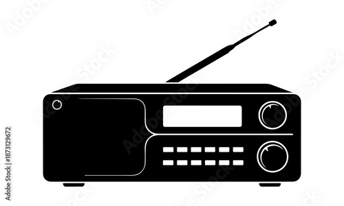 Monochromatic silhouette vector graphic of a classic vintage radio receiver with an extended antenna, perfect for retro design and audio concepts