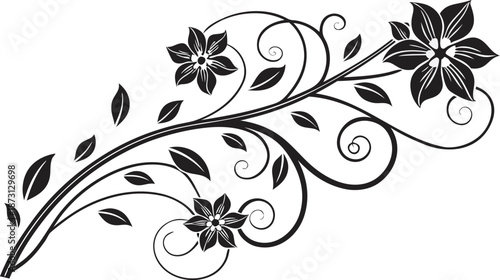 Ornamental design elements - a collection of ornate black and white floral vector elements. Each design should feature intricate swirls, curls, and botanical motifs such as leaves, vines, petals.