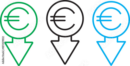Cost reduction. Euro decrease flat vector icon. Euro decrease flat vector icons set
