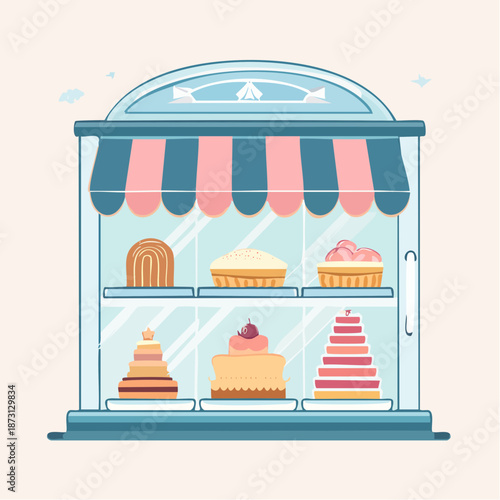 Pixel art bakery storefront display case filled with assorted cakes and pastries under a striped awning with a light blue sky backdrop