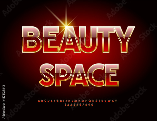 Vector Elegant logo Beauty Space.Shiny Red and Gold Font. Lavish Alphabet Letters and Numbers set