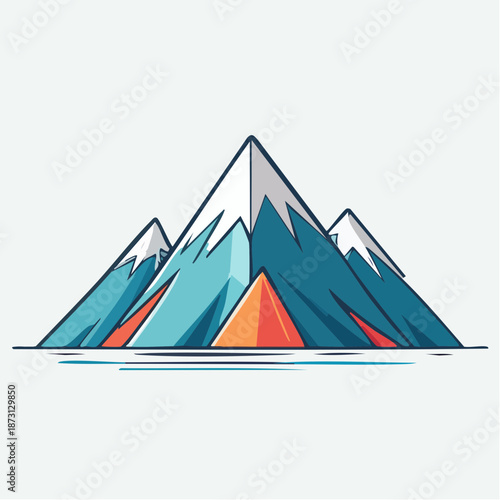 Stylized Mountain Peaks With Snowy Summits And Colorful Slopes Under A Bright Sky