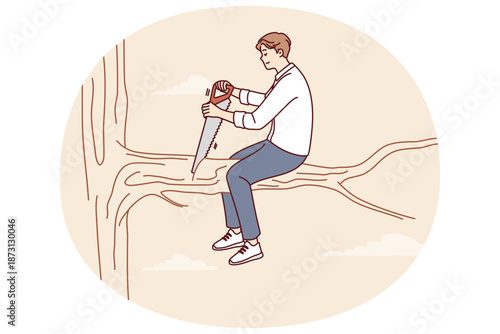Man saws tree branch on which sits, symbolizing popular proverb about stupidity and shortsightedness. Illustration for proverb about harming one own future and problems associated with lack of plan