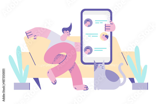 Happy guy communicate online on cellphone