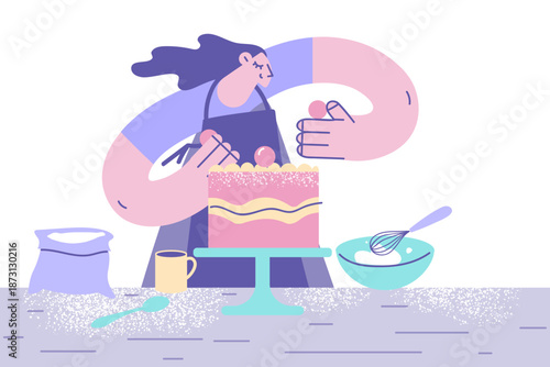 Happy woman bake decorate cake at home