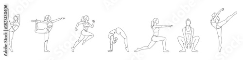 A set of one-line drawings featuring a gymnast girl in various poses, yoga, fitness, training, and sports. Editable line art.