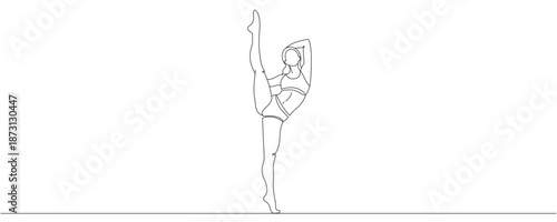 A young athletic girl practices sports yoga and fitness. A continuous line drawing of a woman doing exercises, vector illustration. Editable line art.