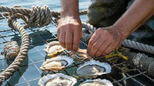 Hands shucking fresh oysters on a fishing net by the sea with a knife and rope in a coastal setting