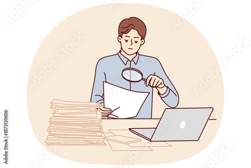 Man tax inspector is sitting in office doing paperwork using magnifying glass to check contract. Financial auditor guy does paperwork, controlling legal purity of transaction and correctness reports