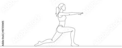 A young athletic girl practices sports yoga and fitness. A continuous line drawing of a woman doing exercises, vector illustration. Editable line art.