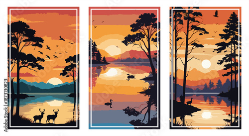 Set of three artistic posters depicting tranquil lake landscapes at sunset with silhouettes of deer, birds, and pine trees. Warm vector illustrations for modern wall art and decor