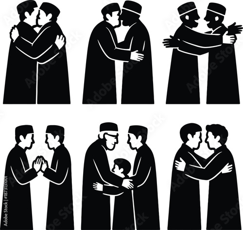 Muslim Brothers Handshake and Hug Silhouettes for Eid Greeting