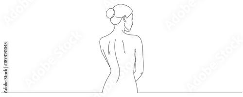 Hand-drawn illustration of a beautiful woman from behind, looking to the side, done in a single line, minimalist style. Editable line