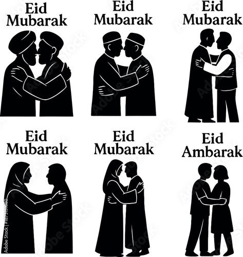 Eid Mubarak Couples and Friends Hugging Minimalist Silhouette Set