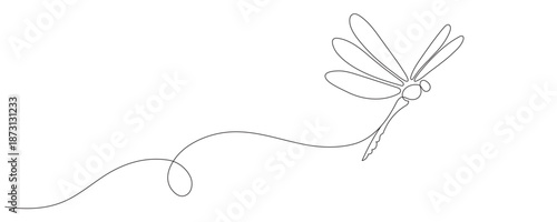 A cute dragonfly drawn in one continuous line. Vector illustration. Editable line art.