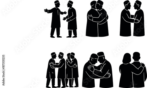 Islamic Brotherhood Hug and Greeting Silhouettes for Holiday Card