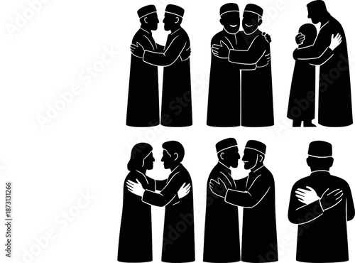 Muslim Men Embracing and Greeting Silhouette Vector Set for Eid