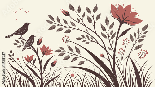 Birds and Floral Harmony A Serene Nature Illustration.