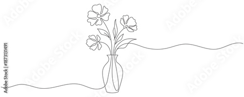 A single-line drawing of flowers in a vase. A flower in a vase, drawn with a single line. Editable outline.