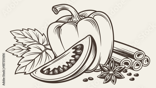 Detailed Line Art of Bell Pepper and Spices Composition.