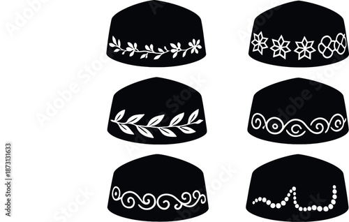 Islamic Kufi Prayer Cap Set with Floral and Vine Embroidery