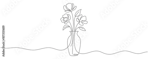 A single-line drawing of flowers in a vase. A flower in a vase, drawn with a single line. Editable outline.